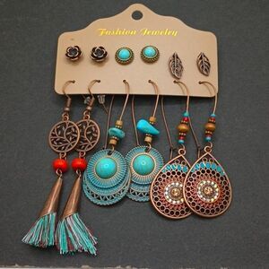 BRONZE tassel leaf turquoise boho earring bundle